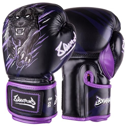 8 WEAPONS Boxhandschuhe Kinder, Beastial Panther, Schwarz-Lila, Kinder Boxhandschuhe, Kunstleder, Perfekte Dämpfung für optimalen Schutz, Handschuhe für Muay Thai, K1, Boxen, MMA und Kickboxen, 4 Oz