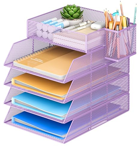 VITVITI Corbeille à Courrier Empilable à 5 Niveaux pour Bureau, Organiseur de Bureau, Bacs à Dossiers pour Accessoires de Bureau, Accessoires pour Courrier avec Porte-Stylo - Violet