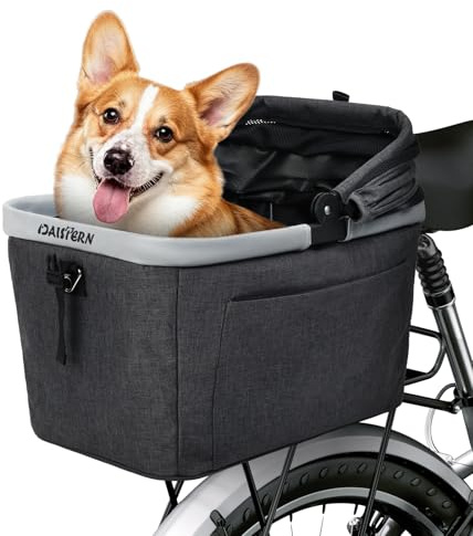 DAISTERN Cestino Posteriore Bicicletta Piegevole per Cani fino a 10KG, Telaio in Metallo, Piastra in PE, Montaggio Rapido per Ø 9-12mm, Finestra a Rete, Cuscinetto Morbido, Bande Riflettenti