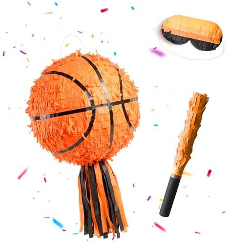 Relaxdays Pinata de Basket-Ball avec bâton et Masque, piñata de fête pour Enfants, Anniversaire, à remplir, D : 25 cm, Orange-Noir