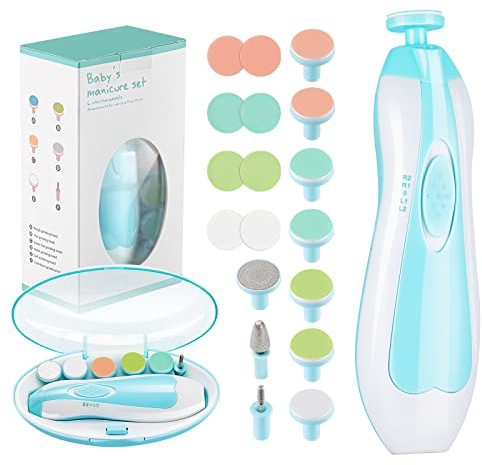 Zooawa Baby Nagelknipser 20 in 1, Elektrischer Baby Nageltrimmer, Nagelfeilen Set mit 12 Ersatzpads, Pflegeset für Neugeborene Säuglinge Kleinkinder Erwachsene, Zehen Fingernägel Pflege, Blau