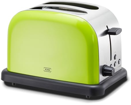 KHG Edelstahl Toaster mit Brötchenaufsatz, 2 Scheiben | 6 Bräunungsstufen mit Bräunungskontrolle, Krümelfach | 1000W Leistung | Außengehäuse - Limettengrün, Retro, Vintage, American Diner Style