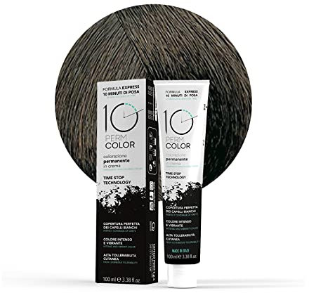 10 Perm, Colorazione a Lunga Durata Express, Colore Capello 4 Castano, Tinta per Capelli, Copertura Rapida e Omogenea in 10 Minuti, Colore Brillante, Intenso e Luminoso, 100 ml