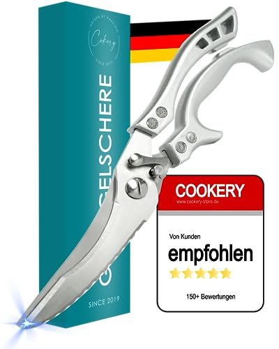 Cookery® [PREMIUM] Geflügelschere aus Edelstahl mit Sicherheits-Griff aus Aluminium zum Zerteilen von Geflügel/Fisch/Fleisch geeignet für Ente, Huhn, Gans, Pute oder Truthahn (Silber)