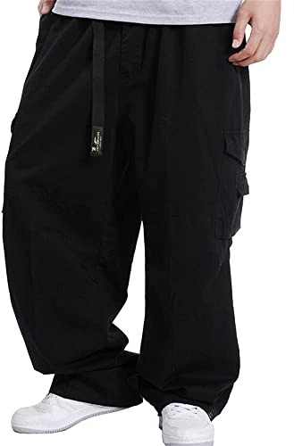 Kinghua Mens Baggy Cargo Pants Casual Loose Fit Elastic Waist Cotton Twill Cargo Pants (48, Black)