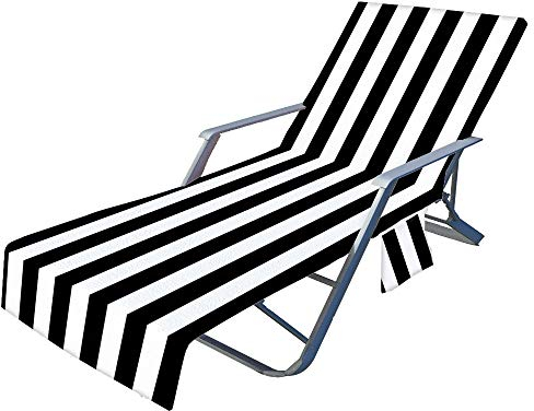 PEIHUODAN Randig strandhandduk 75 x 210 cm, strandkorgsöverdrag, strandkorgsskydd, solstolshanddukar med fickor, solstolsfrotté för semester, trädgård, utomhus, pool, lounge (svart)