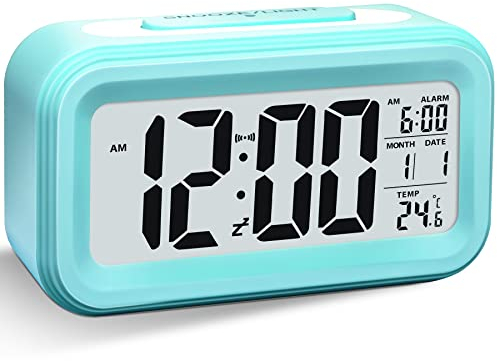 Larkumio Wecker Digital Ohne Ticken, Digitaler Wecker Batteriebetrieben Alarm Clock LED mit Licht Temperaturanzeige Snooze Kinderwecker Laut für Tiefschläfer Kinder Erwachsene,Blau