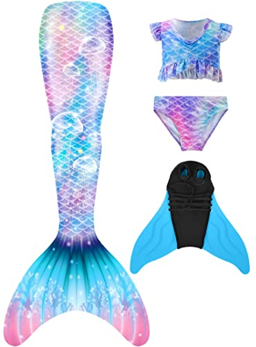 NAITOKE meerjungfrauenflosse mädchen Badeanzug - Meerjungfrau Flosse Bademode mit Bikini Set und Monoflosse Mermaid Tail, 4 Stück Set,POOAC,130