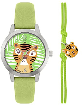 Tikkers WWF Tiger barn analog kvartsur med polyuretanrem TKWWF003-SET, gRÖN, armband