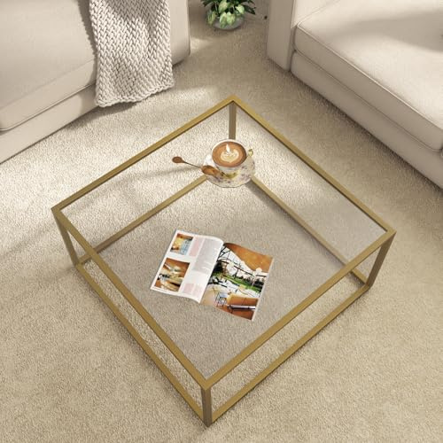 SAYGOER Glass Coffee Table Modern Coffee Tables for Living Room Square Minimalist Center Tables for Home Office 26.7 x 26.7 x 17.7, Gold