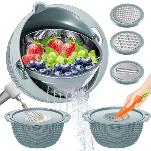 4-1 Colander with Bowl Set - Strainers for Kitchen(Patented), Food Strainers and Colanders, Pasta Strainer with New Upgraded Graters for Fruit, Veggie Washing, Aesthetic Cooking Present - Blue