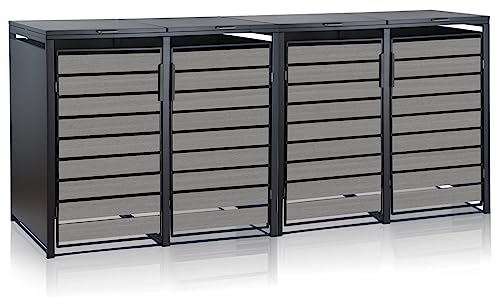 Zelsius Mülltonnenbox 4 Tonnen | 120-240 Liter | Anthrazit RAL 7016 | Tür in hellgrauer Holzoptik inkl. Erweiterungsmöglichkeit | Aufbewahrungsbox für Mülltonnen, Mülltonnenbox 4er