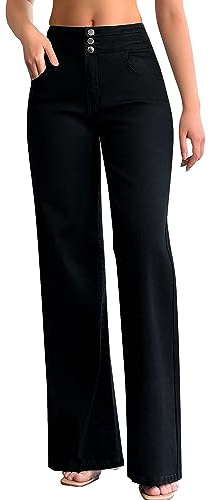 roswear Jean Ample décontracté Taille Haute pour Femme, Noir, Taille M