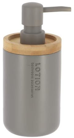 Modern Matte Gray Soap Dispenser with Natural Bamboo Accent - Polyresin Hand Lotion Pump, Contemporary Bathroom Accessory