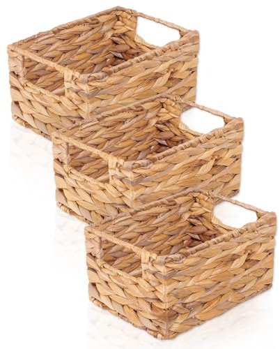 FRIHET Aufbewahrungskorb geflochten aus Wasserhyazinthe rechteckig | Aufbewahrungsbox mit Griffen | Wäschekorb klein, Kleiderschrank Organizer uvm. | versch. Größen (3er Set, Gr. 1)