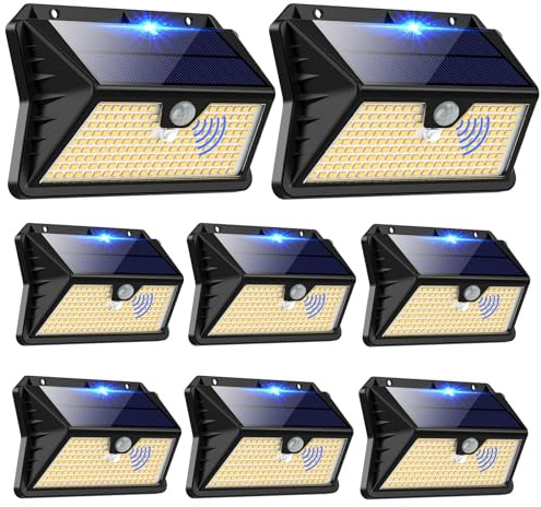 Faro LED Esterno con Pannello Solare, 【8 Pezzi】Luce Solare LED Esterno con Sensore di Movimento, 185 LED/3 Modos Lampada Solare da Esterno, IP65 Impermeabile LED Lampione per Giardino (Bianco caldo)