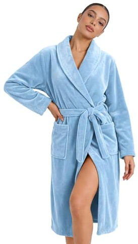 HEARTNICE Womens Fleece Robes, Soft Plush Long Bathrobe, Thick Kimono Robes for Womens, Warm House Coat（Light Blue,S/M