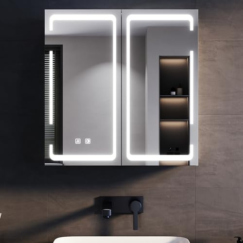 SONNI LED spegelskåp badrum och uttag 60 x 59 cm, metallspegelskåp med touch-brytare, 3 ljusfärger defogging, trådlös gångjärnsdesign vitt badrum medicinskåp