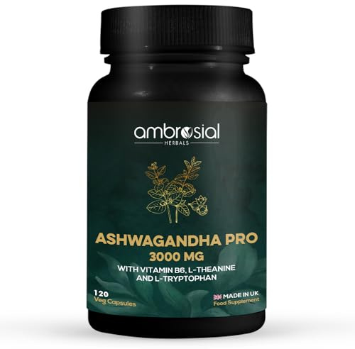 Ambrosial Ashwagandha Pro High Strength 3000 mg - 4 Months Supply with Vitamin B6, L-Theanine 100mg, L-Tryptophan 100mg & Black Pepper Extract – 5-in-1 Daily Formula, Vegan, UK Made – 120 Capsules