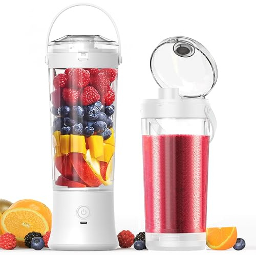 TopEsct tragbarer Mixer für Shakes und Smoothies,500 ml leistungsstarker kabelloser Mini-Mixer,wiederaufladbar mit 6 ultrascharfen Klingen für Reisen,Büro und Sport (Weiß)