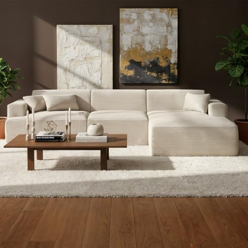 skølm Freki Cloud Couch – Sofa 3 Sitzer aus Cord in Beige mit 3 Kissen – L-Form Eckcouch mit Hocker – Vollschaumcouch mit Federkern & Vakuum-Kompression 320 cm breit – kein Aufbau erforderlich
