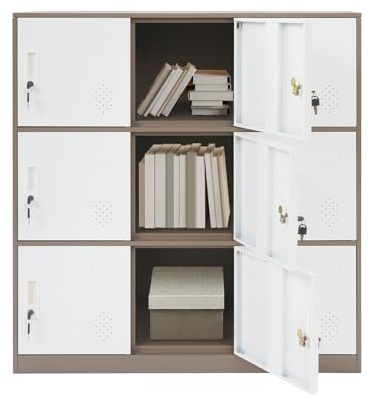 Armadio in metallo a 9 ante con serratura, in acciaio, portata 120 kg, per ufficio, officina e spogliatoio, 9 scomparti, moderno armadio da ufficio, 90 x 42 x 100 cm (bianco + caffè)