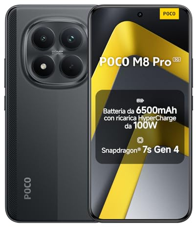 Xiaomi POCO M8 Pro 5G, Smartphone 12+512GB, Display AMOLED CrystalRes 6,83 1.5K, Snapdragon® 7s Gen 4, Fotocamera 50MP Light Fusion 800 con OIS, IP68, Nero, Garanzia 2 anni, Caricatore non incluso