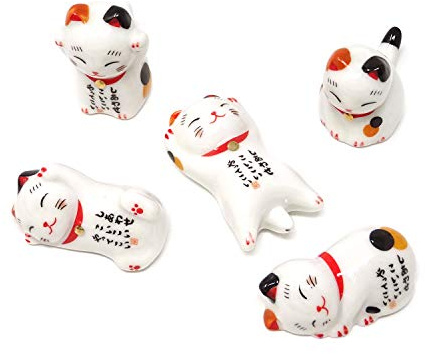 Honbay 5PCS Cute Ceramic Lucky Cat Chopsticks Rest Rack Stand Holder for Chopsticks, Forks, Spoons, Knives, Paint Brushes