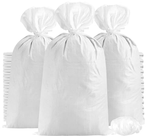 FUNSUEI 50 Pack 18 x 30 Inches White Sand Bags, Woven Polypropylene Empty Sandbags for Flood Protection, Traffic Control, Hurricane Barriers, Erosion Control, Driveway