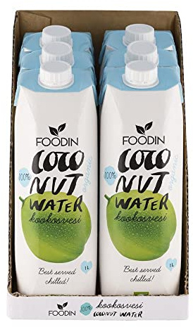 Foodin Ekologiskt Kokosvatten – Naturligt Fuktgivande med Elektrolyter – Fettfritt, Glutenfritt, GMO-fritt, Låg Kalori – Uppfriskande Törstsläckare – 6-pack (6 x 1000 ml)