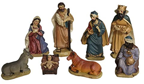 TIENDA EURASIA - Portal de Belen, 8 Figuritas del Belen Navidad, Incluye a Jesús, María, José, los Reyes Magos y la Mula y el Buey, Tamaño aproximado 12 cm, Belen Navidad Completo