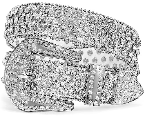 Western Rhinestone Bling Studded Cowboy Cowgirl White Belts for Women Girl Men Female Ladies Jeans Pants Dresses Dress with Vintage Silver Buckle(MZSWH-M)