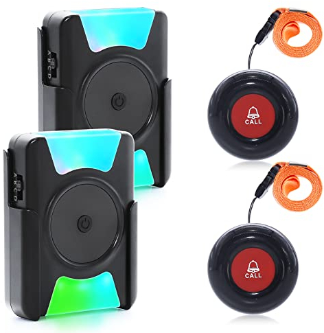 Notrufknopf FüR Senioren SOS Alarm Notruf Knopf Wasserdicht Pflegeruf Batterieversion Vibrations-Pager (Inklusive GüRtelclip) 2 Tragbarer EmpfäNger + 2 Notfallsender