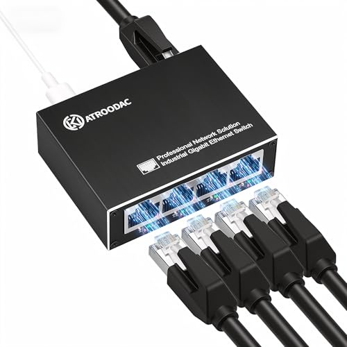 Atroodac Mini Ethernet Switch 5 Ports Gigabit Enhanced Protection 10/100/1000 Mbps Unmanaged Network Switch Plug & Play Office Ethernet Splitter Fanless Silent Metal Case Network Hub Desktop Design