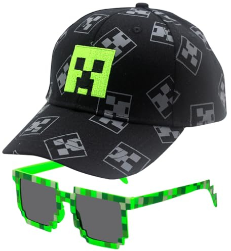 TIUASHR Minnecrafft Gorra Niño, 2PCS Gorra de Béisbol y Gafas de Sol Sombrero de Sol Sombrero de Playa de Protección Solar Gorra Deportiva de ala Ancha Ajustable Gorra de Béisbol para Niños 2-8 Años
