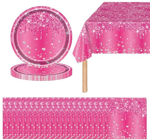41Pcs Shiny Glitter Diamond Party Plates, Napkins and Tablecloth - Pink Sparkling Dinnerware for Her Birthday, Wedding, Baby Shower