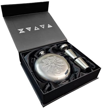 Officially Licensed Witcher Hipflask - Official Witcher Merchandise. Witcher Stainless Steel Hip Flask Gift Set with 2X 30ml Stainless Steel Shot Glasses & 1x Filling Funnel