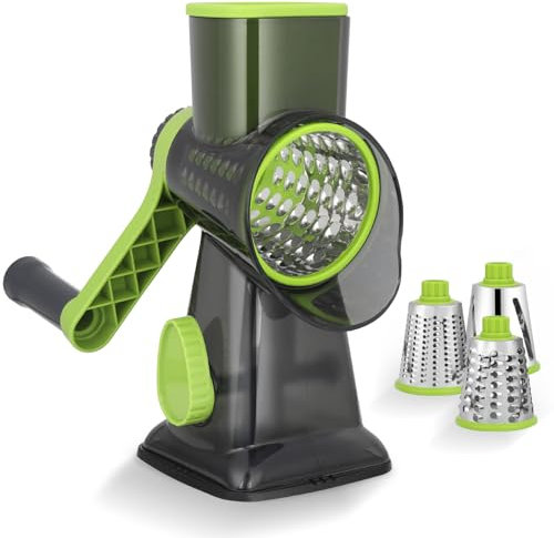 Dreamhigh® Taglia Verdure Manuale, Mandolina per Verdure con 3 Acciaio Inox Pale Tamburo, Forte Aspirazione, Grattugia Verdure, per Cucina Verdure, Patate, Carote, insalate, Tritatutto(Verde)