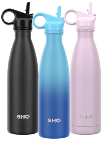 SHO Stainless Steel Water Bottle with Straw and Screw Lid - Leakproof, BPA Free, Vacuum Insulated Double Walled Metal Flask, 500ml - Original 2.0-12 Hours Hot 24 Hours Cold (500ml, Deux Bleu)