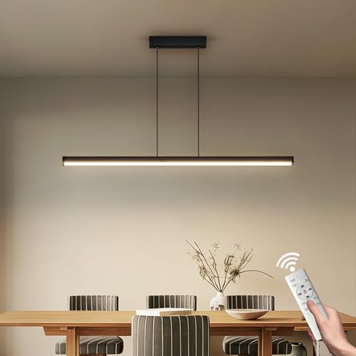 Coinmit Suspension LED pour Salle à Manger, Luminaire Suspendu Linéaire Moderne Dimmable 3000K-6000K avec Télécommande, Hauteur Réglable 150cm, 100W/36W, Pour Cuisine Salon, Noir