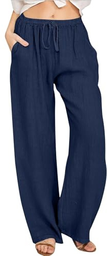 Pantalon de grossesse élastique pour femme - Taille haute - Cordon de serrage - Jambe large - Pantalon de yoga Palazzo - Avec chaîne, Marine, XXL