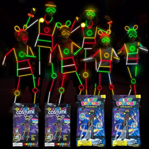 Lewtemi 4 Set Body Glow Stick Figure Costume, 460 Pcs Red and Green Light up Stick Figure Costume, Reusable Glow in The Dark Outfits, Eyeglasses, Earring, Rings for Christmas Party Cosplay Dancing