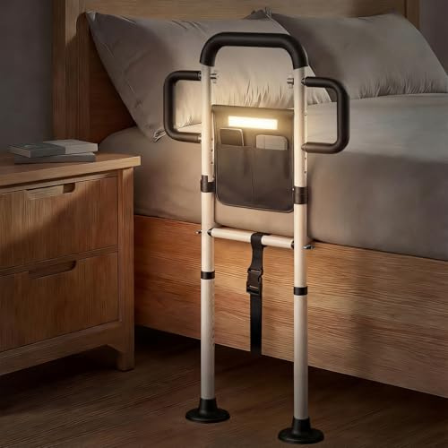 Xalirium Bed Rails for Elderly Adults Safety, 400 Lbs Support for Seniors, ASTM-Certified Height Adjustable Bed Assist Rail with Motion Sensor Light, Triple Non-Slip Handles & Dual Storage Pockets