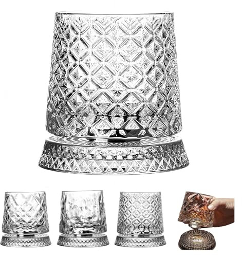 Bicchieri da Whisky Rotanti 280ml, Bicchiere da Whisky in Cristallo con Rotazione a 360° e Base Stabilita, Bicchiere da Decanter Antico per Alleviare lo Stress per Bourbon, Regalo Unico per Compleanno