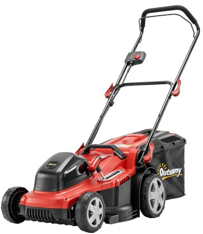 Outsunny Tondeuse électrique 800W 40cm Largeur de Coupe avec Sac 45L | Indicateur batterie, prot. surcharge, 7 haut. coupe, tondeuse faux électrique, poignées amovibles, outil seul