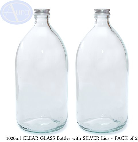 Aura 1000ml CLEAR GLASS Bottles with SILVER Lids - PACK of 2