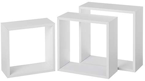 LOLAhome Set de 3 Estantes Cubo Grandes de Madera MDF Blancos/Capacidad 5 kg / 2 Tamaños Disponibles/Incluye herrajes de Pared/Estantes Flotantes con 3 Medidas 30, 27 y 24 cm