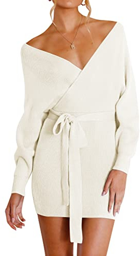ZESICA Women's Fall Long Batwing Sleeve Wrap V Neck Knitted Backless Bodycon Pullover Sweater Dress with Belt,Apricot,Medium