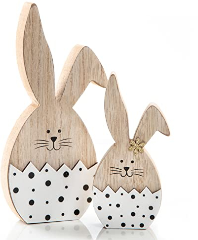 Logbuch-Verlag 2 Osterhasen Figuren 14 cm u. 20 cm Natur weiß schwarz gepunktet - Holzhase Osterei Deko Hase Geschenk
