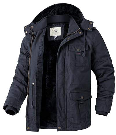 WenVen Giacca Militare Invernale Calda Cappotto Casual Medio Lungo Parka con Cappuccio Staccabile Giubbotto da Lavoro Esterno Imbottito Uomo Blu Scuro S